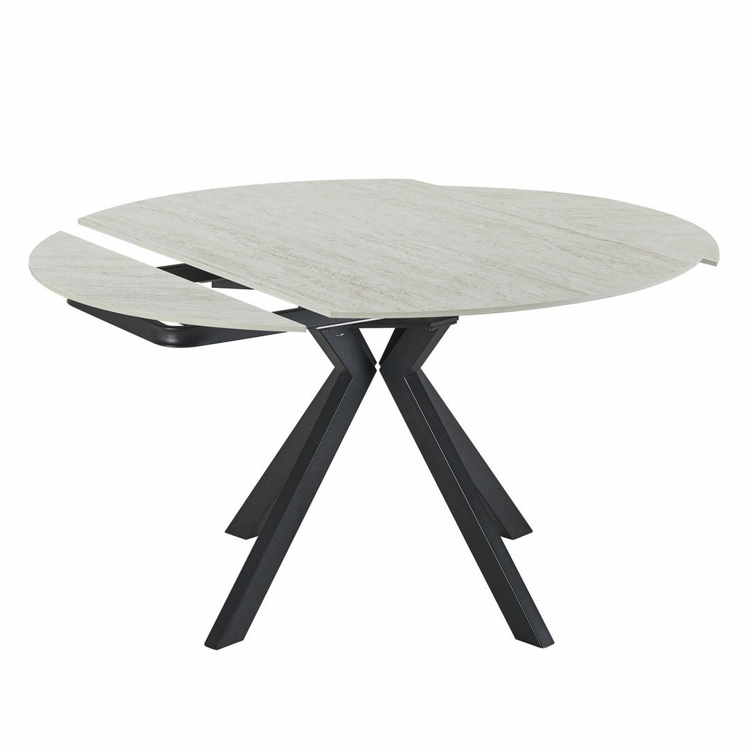 Indus Valley Cavella Round Ceramic Extending Dining Table + 4 Beige Chairs