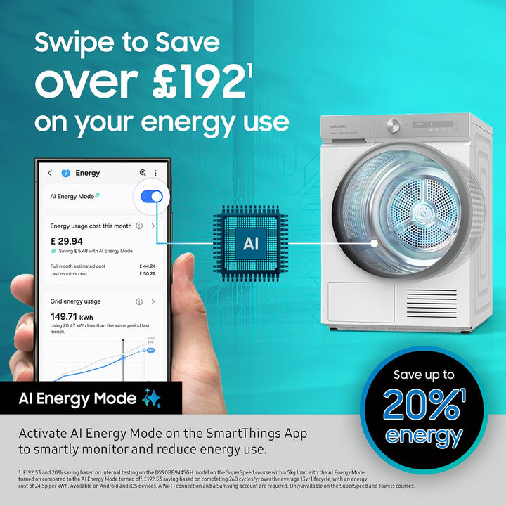 Samsung Series 7 AI Energy DV90T6240LB/S1 9KG Smart Heat Pump Tumble Dryer, A+++ Rated in Black