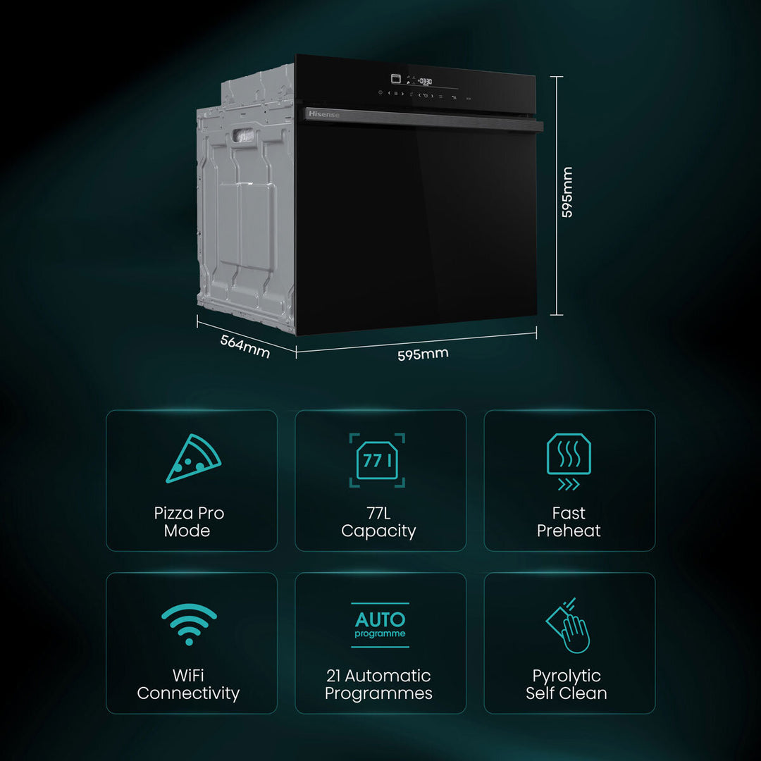 Hisense Hi6 BlackLine HO66FAPizzaChef Electric Pyrolytic Smart Oven, A+ Rated in Black