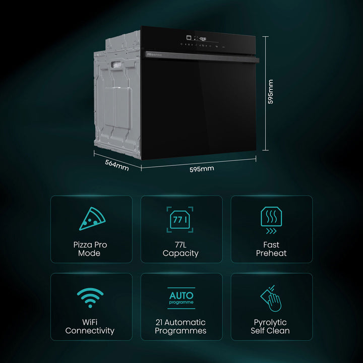 Hisense Hi6 BlackLine HO66FAPizzaChef Electric Pyrolytic Smart Oven, A+ Rated in Black