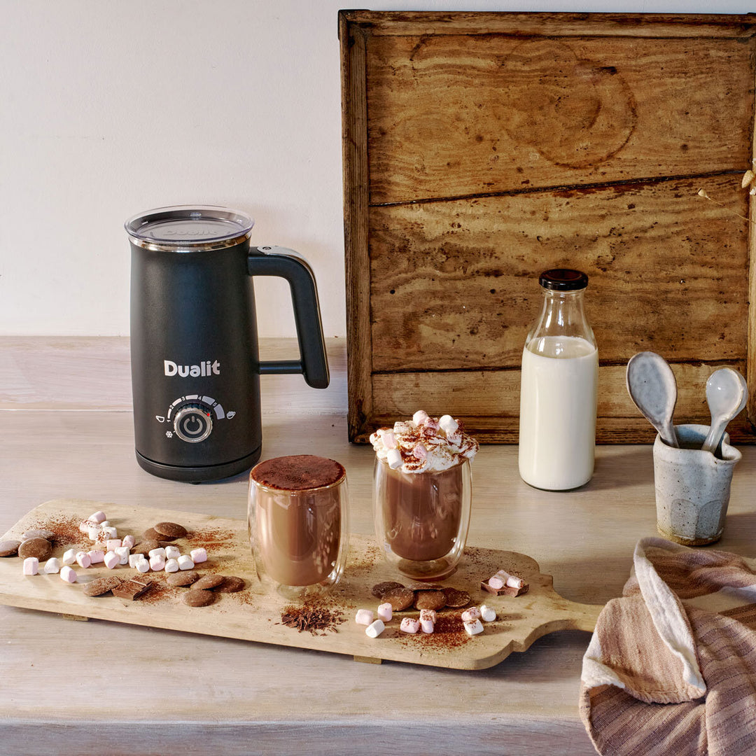 Dualit Milk Frother & Hot Chocolate Maker Max with 4 x Single Serve Belgian Chocolate Sachets , 10140