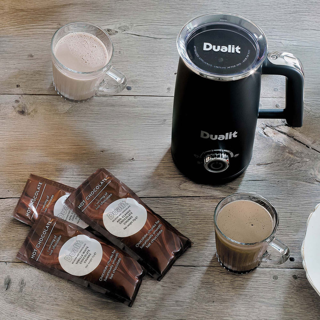Dualit Milk Frother & Hot Chocolate Maker Max with 4 x Single Serve Belgian Chocolate Sachets , 10140