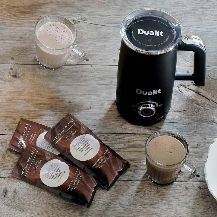 Dualit Milk Frother & Hot Chocolate Maker Max with 4 x Single Serve Belgian Chocolate Sachets , 10140
