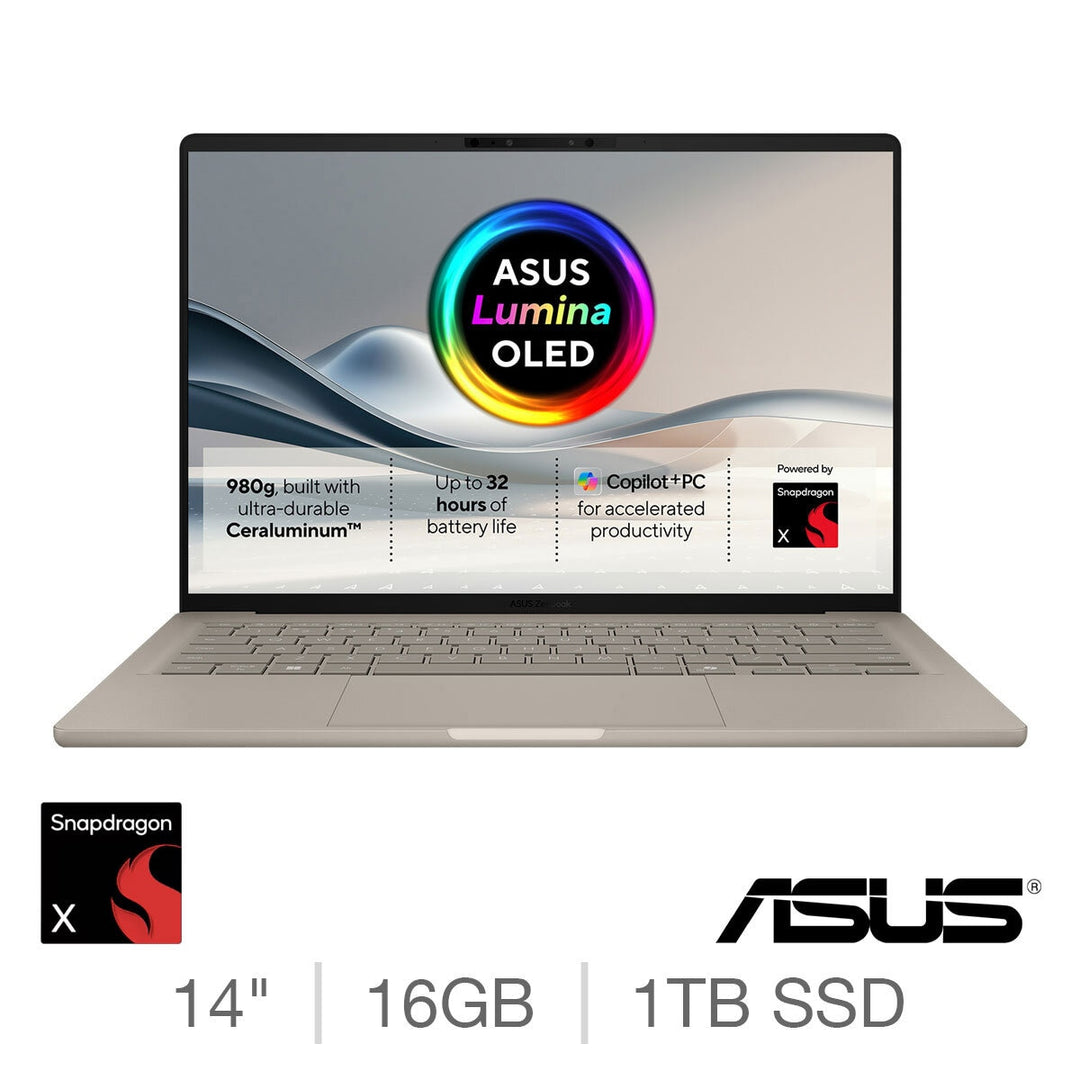 ASUS Zenbook A14 Copilot+ PC, Snapdragon X, 16GB RAM, 1TB SSD, 14 Inch OLED Laptop, UX3407QA-QD244W