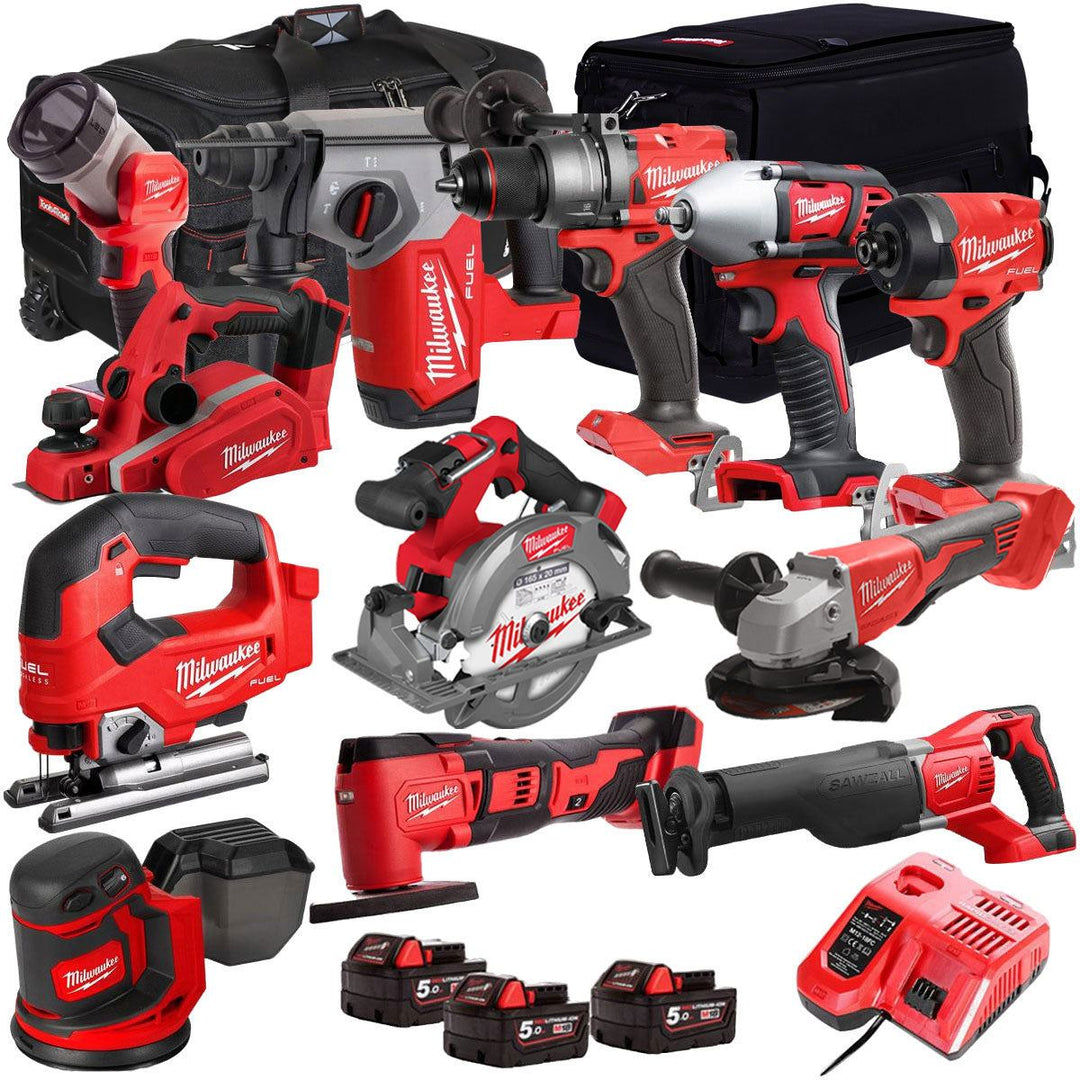 Milwaukee 18V Cordless 12 Piece Tool Kit with 3 x 5.0Ah Batteries & Charger in Bag T4TKIT-13503