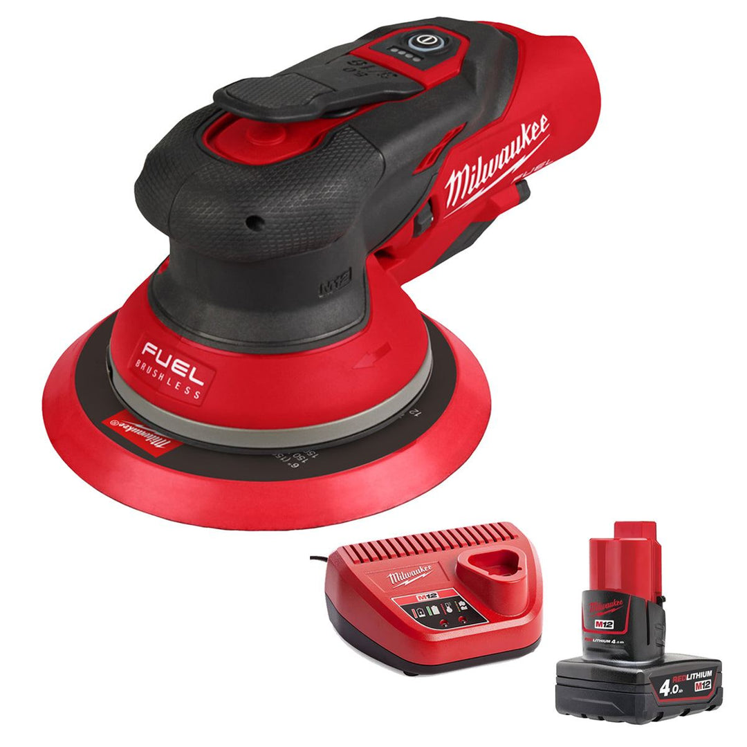 Milwaukee M12FROS5-0 12V FUEL Brushless 150mm Random Orbit Sander with 1 x 4.0Ah Battery & Charger