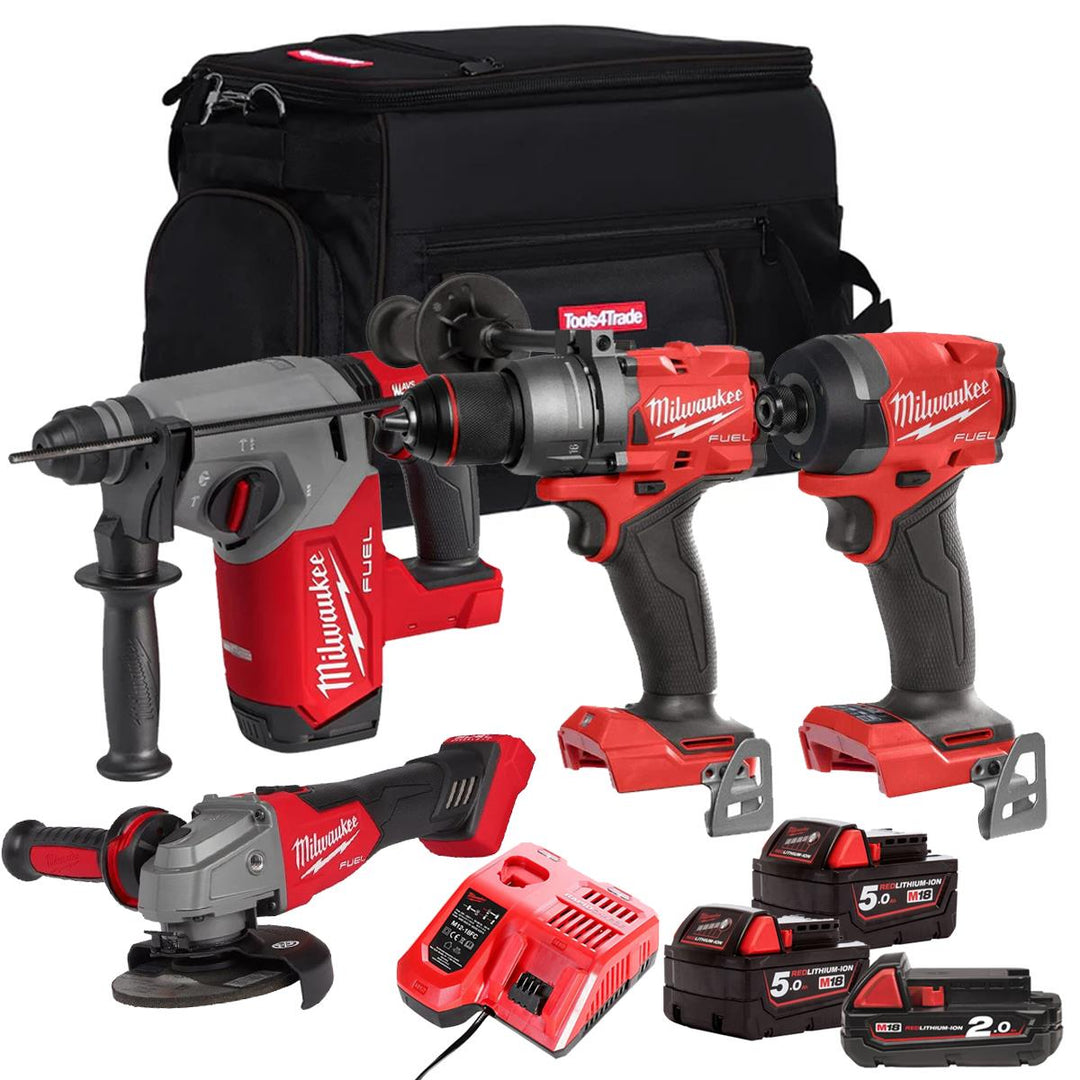 Milwaukee M18FPP25Z-503B 18V Brushless 4 Piece Power Tool Kit With 3 x Batteries Charger & Bag