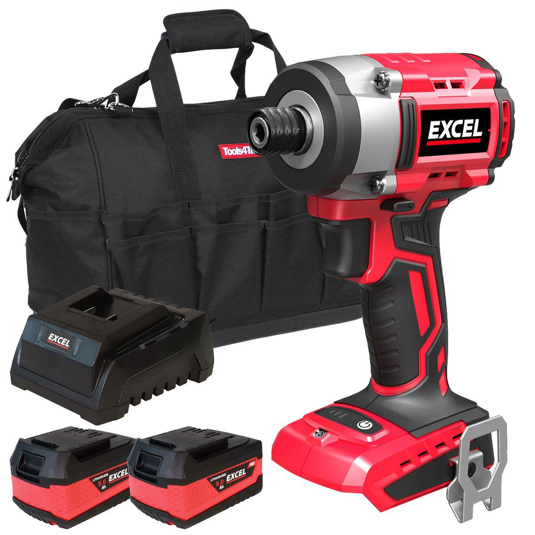 Excel 18V Cordless Brushless Impact Driver with 2 x 5.0Ah Battery Charger & Bag