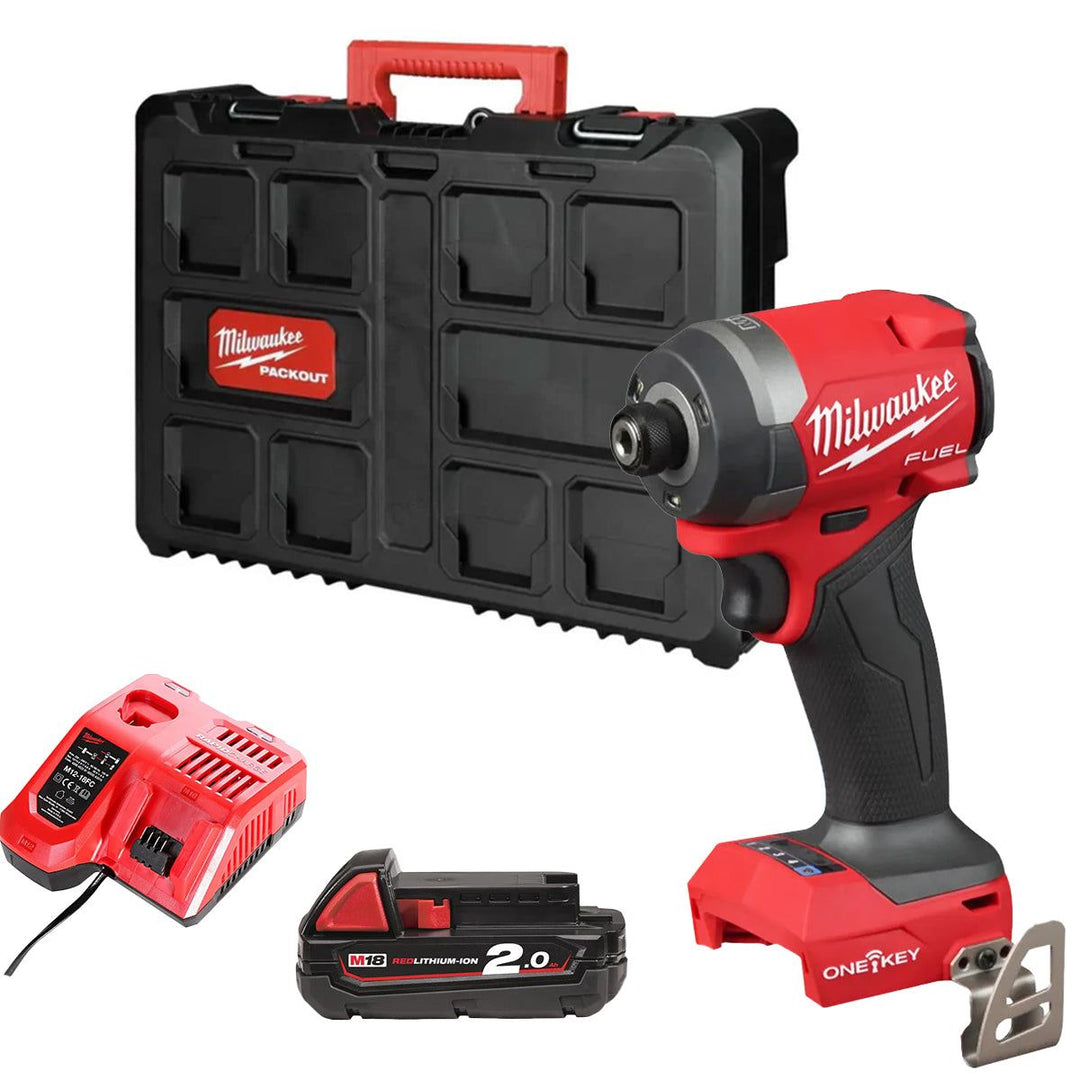 Milwaukee M18ONEID3-0X 18V FUEL ONE-KEY Brushless 1/4" Impact Driver with 1 x 2.0Ah Battery Charger &amp; Empty Tool Box (Without Inlay)