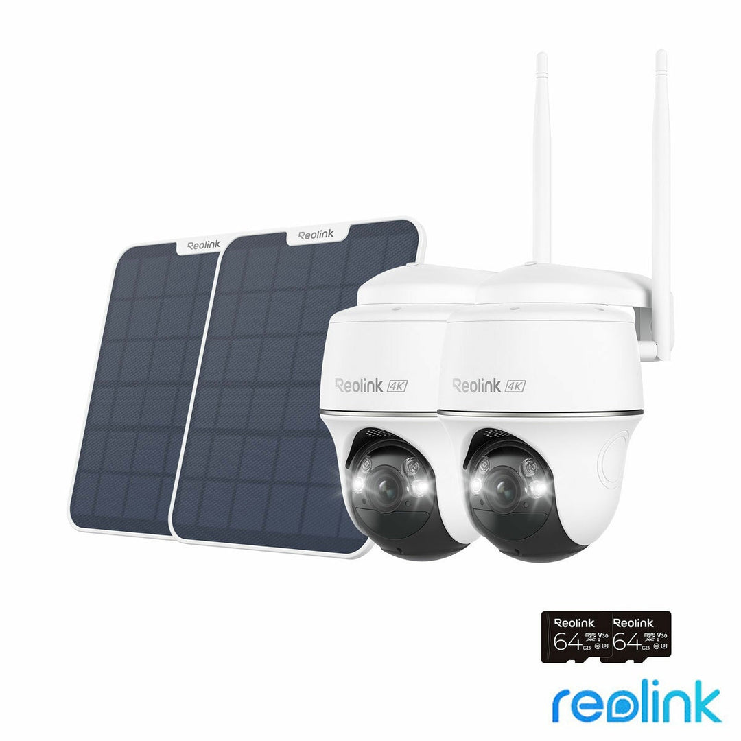 Reolink Argus PT Ultra 4K 8MP Wireless Pan &amp; Tilt Solar/Battery Camera with Spotlights + 64GB SD Card - 2 Pack