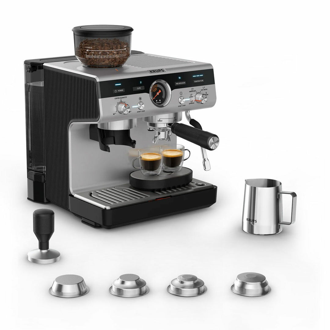 Krups XP801TG0 Precision Steam &amp; Pump Espresso Coffee Machine with Grinder in Black &amp; Stainless Steel