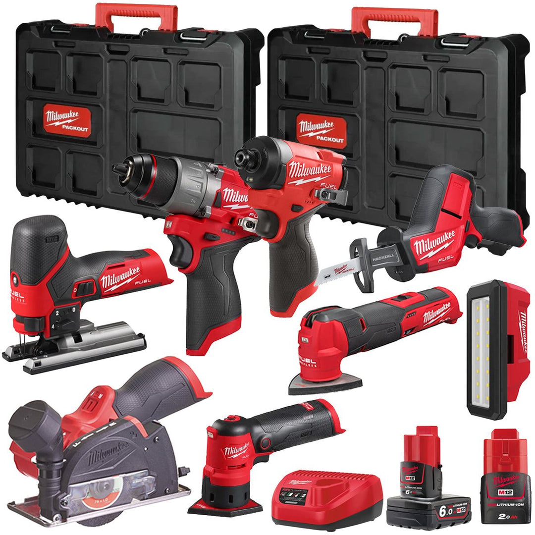 Milwaukee M12FPP7B2-638P 12V Fuel 8 Piece Powerpack Tool Kit with 1 x 6.0Ah & 2.0Ah Batteries, Charger & Case