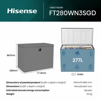 Hisense FT280WN3SGD, 277L Chest Freezer, D Rated in Silver