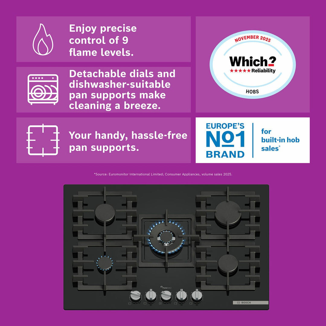 Bosch Series 6 PPQ7A6I40, Tempered Glass 75cm Gas Hob in Black