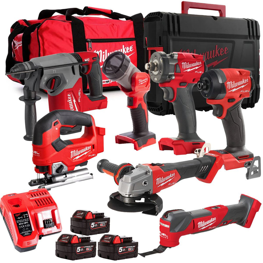 Milwaukee M18FPP6L3-503BK22 18V Brushless 7 Piece Tool Kit with 3 x 5.0Ah Batteries Charger & Wheeled Bag
