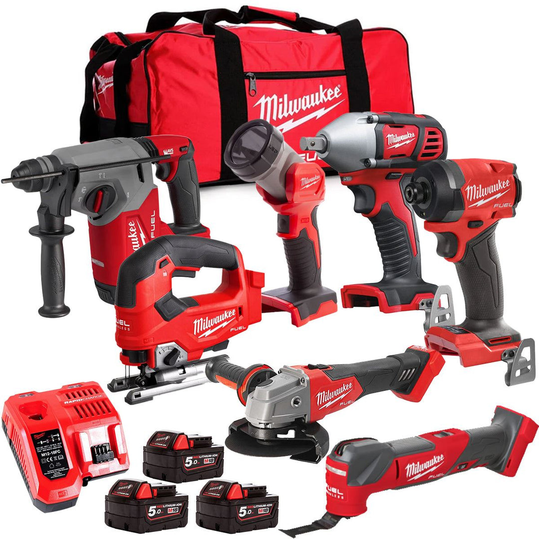 Milwaukee M18FPP6L3-503BK10 18V 7 Piece Tool Kit with 3 x 5.0Ah Batteries Charger & Wheeled Bag