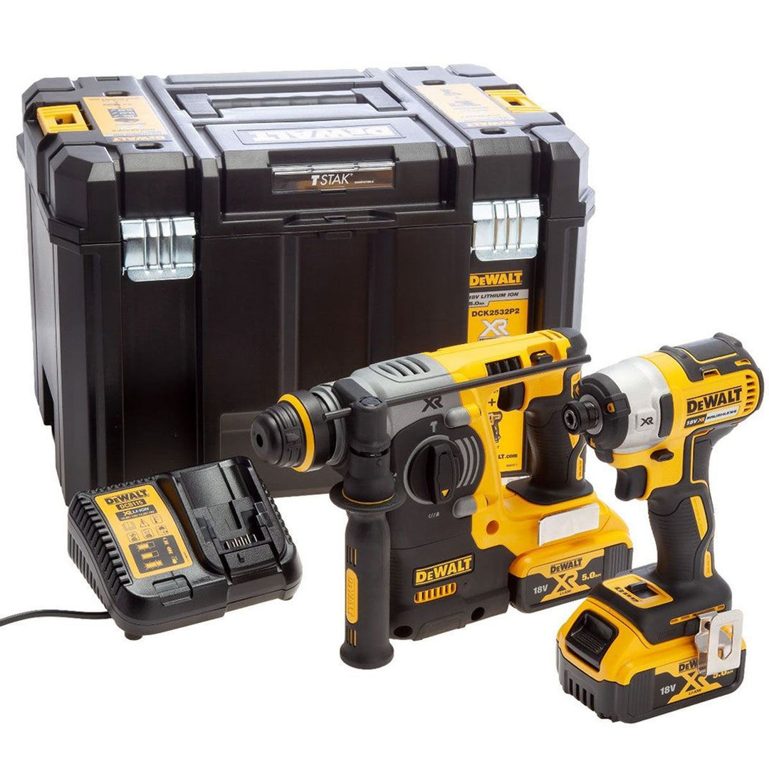 DeWalt DCK2532P2 18V XR Brushless SDS+ Hammer Drill & Impact Driver With 2 x 5.0Ah Battery Charger & TSTAK Case