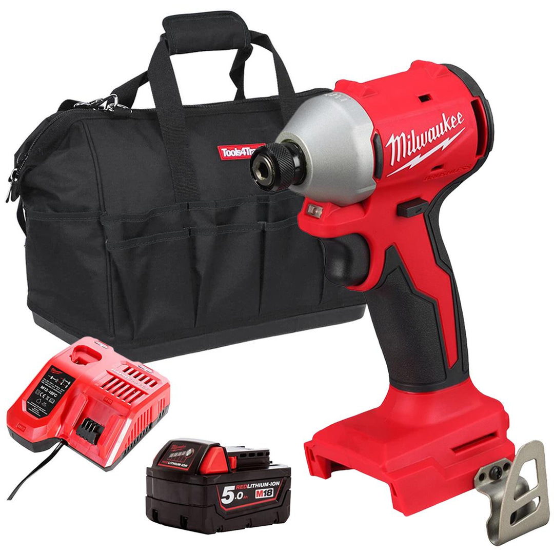 Milwaukee M18BLIDRC-0 18V Brushless 1/4" Impact Driver with 1 x 5.0Ah Battery Charger &amp; Bag