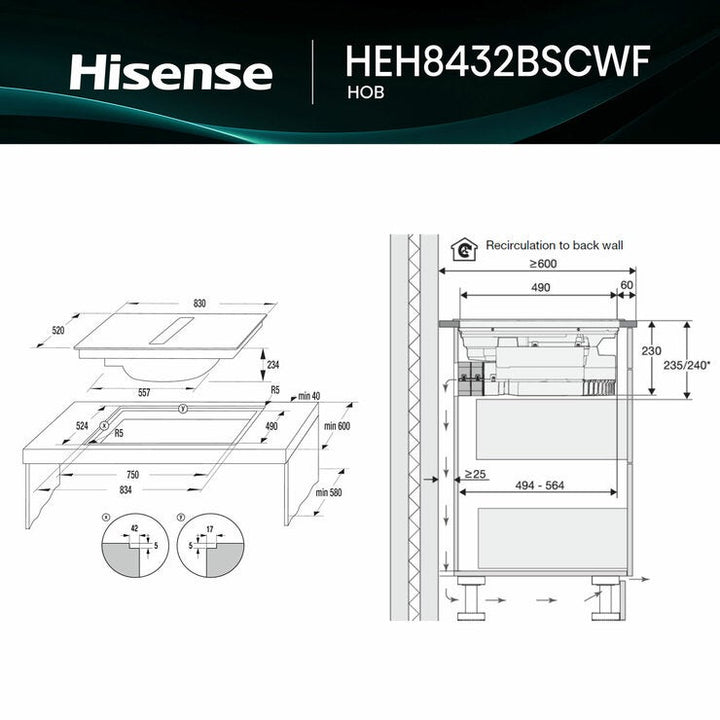 Hisense Hi6 HEH8432BSCWF 83cm Induction Hob with Bridge Zone in Black For External / Recirculation Ventilation