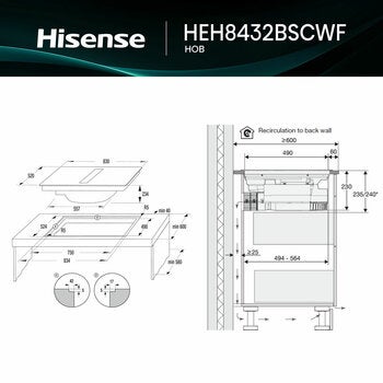 Hisense Hi6 HEH8432BSCWF 83cm Induction Hob with Bridge Zone in Black For External / Recirculation Ventilation