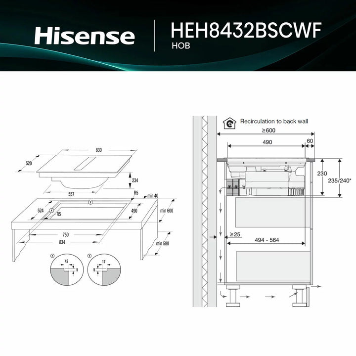 Hisense Hi6 HEH8432BSCWF 83cm Induction Hob with Bridge Zone in Black For External / Recirculation Ventilation