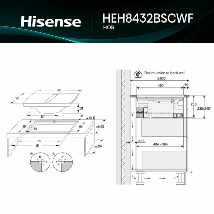 Hisense Hi6 HEH8432BSCWF 83cm Induction Hob with Bridge Zone in Black For External / Recirculation Ventilation