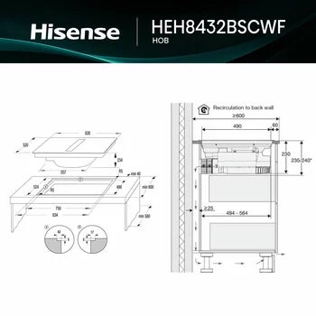 Hisense Hi6 HEH8432BSCWF 83cm Induction Hob with Bridge Zone in Black For External / Recirculation Ventilation