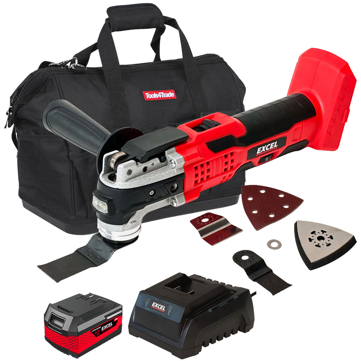 Excel 18V Oscillating Multi Tool with 1 x 4.0Ah Battery Charger & Bag ...