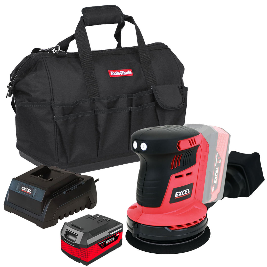 Excel 18V 125mm Rotary Sander with 1 x 4.0Ah Battery Charger & Bag