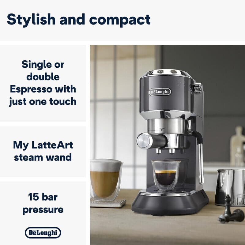 De'Longhi Dedica Arte EC885.GY, Traditional Barista Pump Espresso Machine, Manual Coffee Machine, My LatteArt Steam Wand, Compact Design 15cm Wide, Fit Mug Up to 13cm, Grey