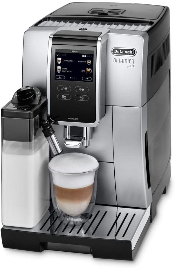 De'Longhi Dinamica Plus Perfetto ECAM370.85.SB, Coffee Bean Machine, Espresso Coffee Maker with LatteCrema System for Automatic Cappuccino, Dedicated App, Touch Display, Silver/Black