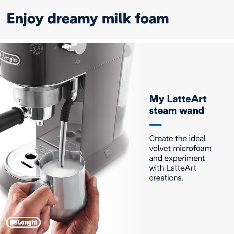 De'Longhi Dedica Arte EC885.GY, Traditional Barista Pump Espresso Machine, Manual Coffee Machine, My LatteArt Steam Wand, Compact Design 15cm Wide, Fit Mug Up to 13cm, Grey