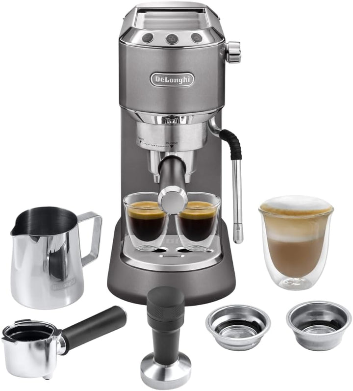 De'Longhi Dedica Arte EC885.GY, Traditional Barista Pump Espresso Machine, Manual Coffee Machine, My LatteArt Steam Wand, Compact Design 15cm Wide, Fit Mug Up to 13cm, Grey