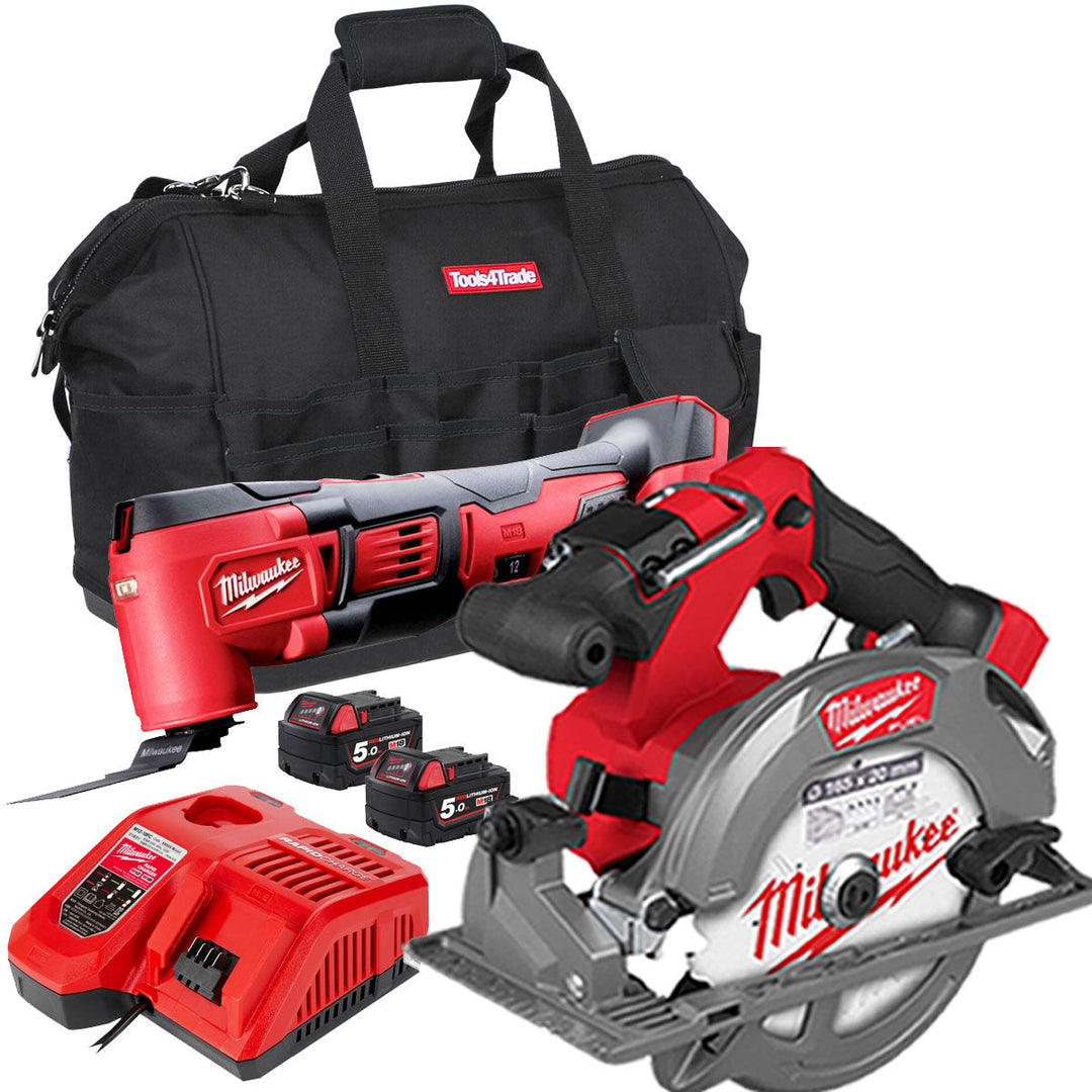 Milwaukee 18V Multi Tool + Circular Saw With 2 x 5.0Ah Batteries & Charger In Bag T4TKIT-162
