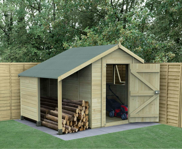 Forest Garden Timberdale 8ft x 6ft" (2.47 x 1.85m) Tongue & Groove Wooden Storage Shed with Log Store