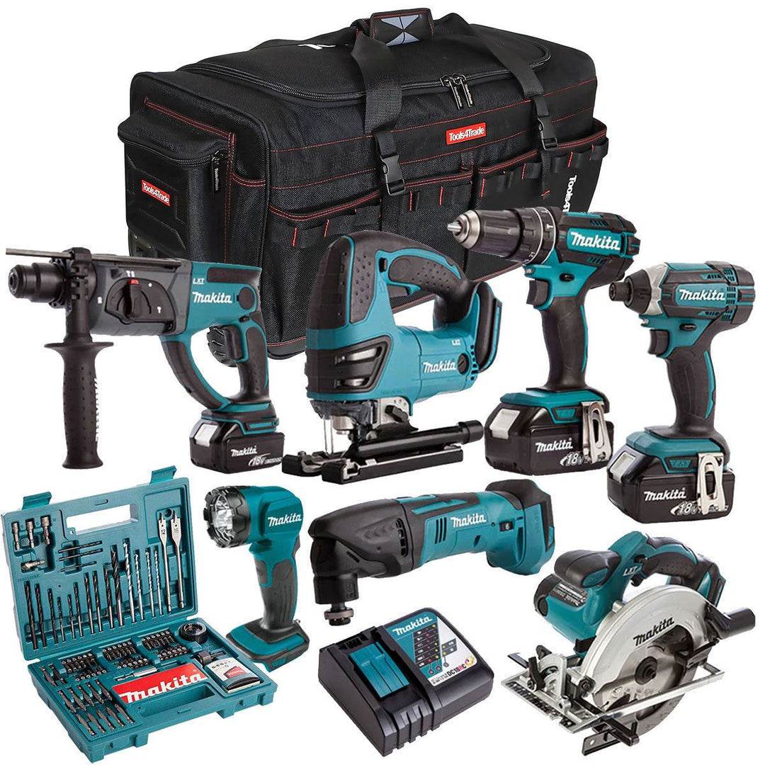 Makita 18V 7 Piece Cordless Kit with 3 x 5.0Ah Batteries & 100 Piece Bit Set T4TKIT-29