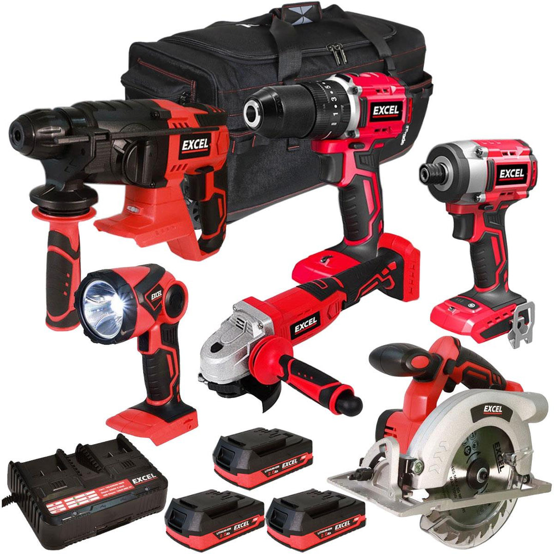 Excel 18V Cordless 6 Piece Tool Kit with 3 x 2.0Ah Batteries & Charger in Bag