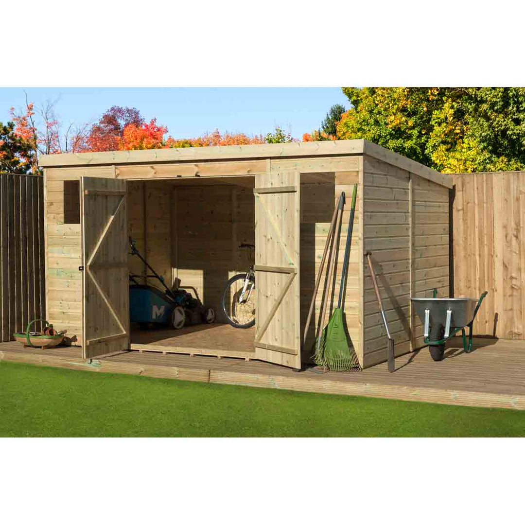 Empire 5000 Pent 14x8ft Wooden Garden Shed Double Door Centre Windows