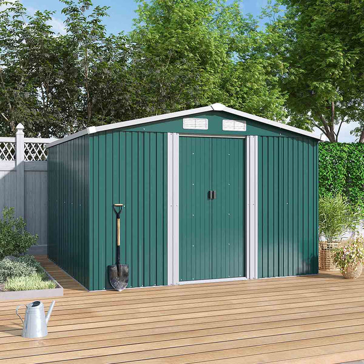 Garden Sanctuary 8x8ft Large Metal Garden Tool Storage Shed, Green