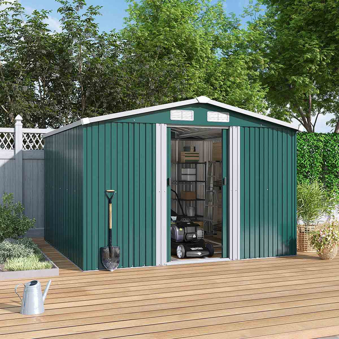 Garden Sanctuary 8x8ft Large Metal Garden Tool Storage Shed, Green