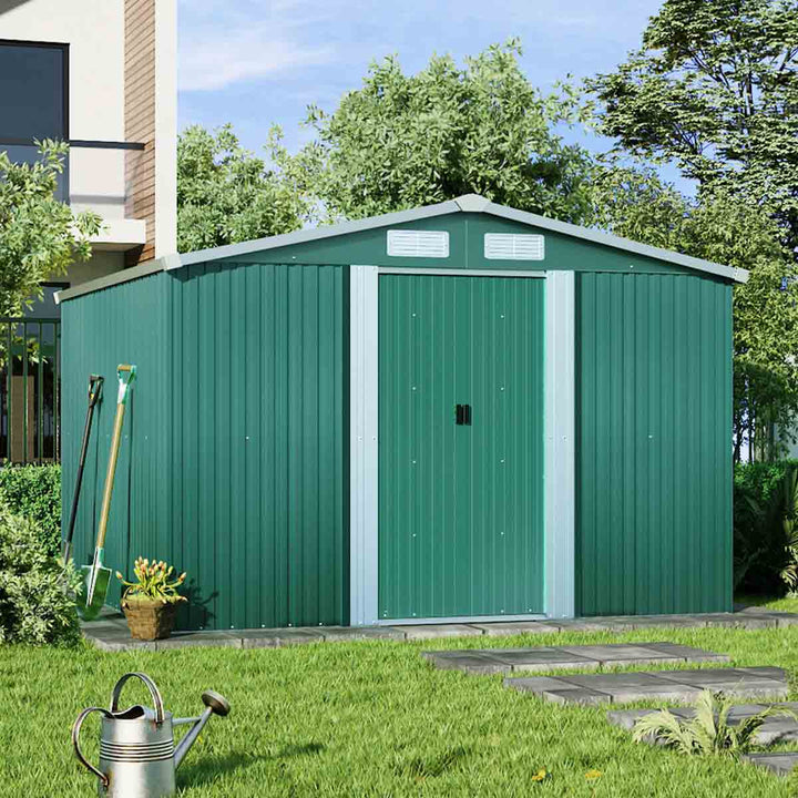 Garden Sanctuary 8x8ft Large Metal Garden Tool Storage Shed, Green