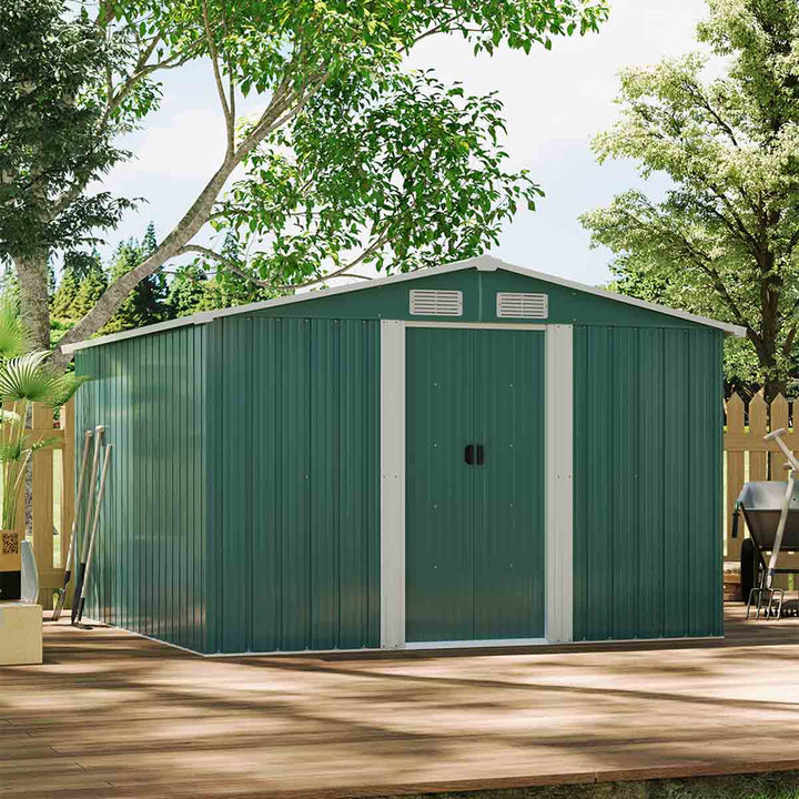 Garden Sanctuary 8x8ft Large Metal Garden Tool Storage Shed, Green
