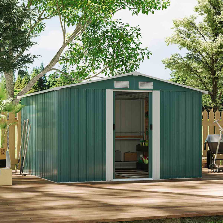 Garden Sanctuary 8x8ft Large Metal Garden Tool Storage Shed, Green