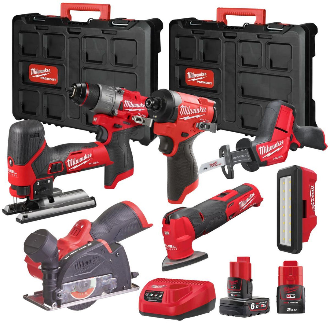 Milwaukee M12FPP7B2-622P 12V Fuel 7 Piece Powerpack Tool Kit with 1 x 6.0Ah & 2.0Ah Batteries, Charger & Case 4933499428