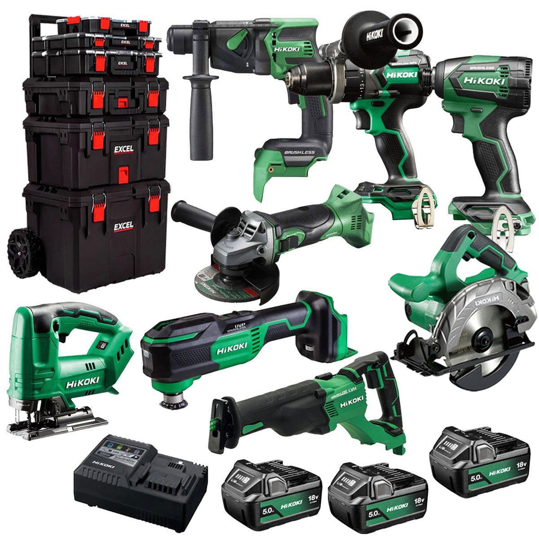Hikoki 18V 8 Piece Power Tool Combo Kit with 3 x 5.0Ah Battery & Trolley Toolbox