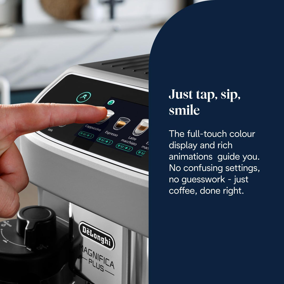 De'Longhi ECAM322.70.SB Magnifica Plus Automatic Coffee Machine with LatteCrema Hot, Bean to Cup Espresso Machine with 18 One-Touch Recipes, Full-Touch Control Panel, 1450W, Silver/Black