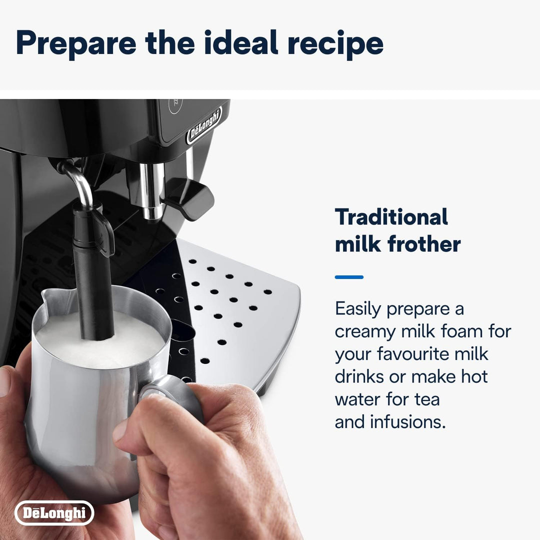 De'Longhi Magnifica ECAM222.20.B, Automatic Coffee Machine with Milk Nozzle, Bean to Cup Espresso Machine with 4 One-Touch Recipes, Soft-Touch Control Panel, 1450W, Black