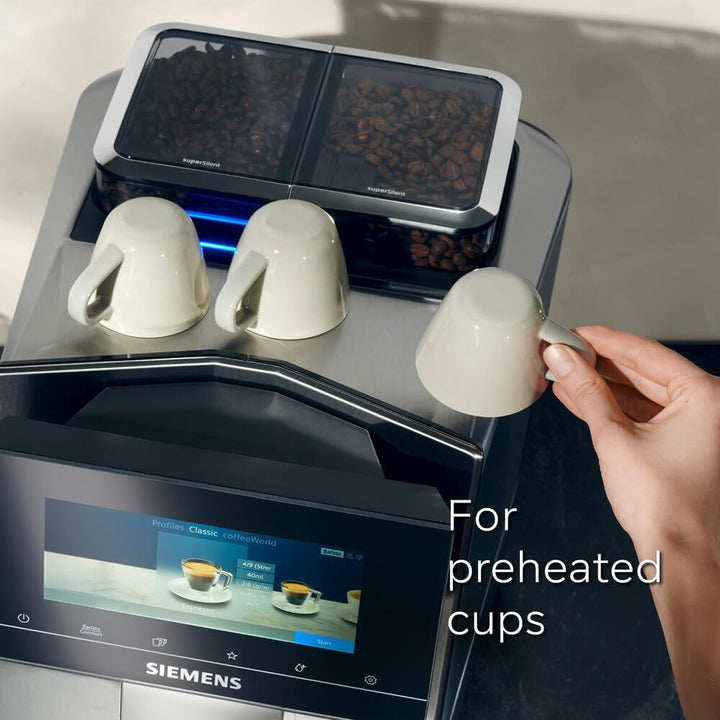 SIEMENS EQ900 Fully Automatic Bean to Cup Coffee Machine, 6.8" Touch Screen Display, Cup Warmer, dualBean System, baristaMode, beanIdent System, 30+ Beverages with Home Connect, TQ907GB3