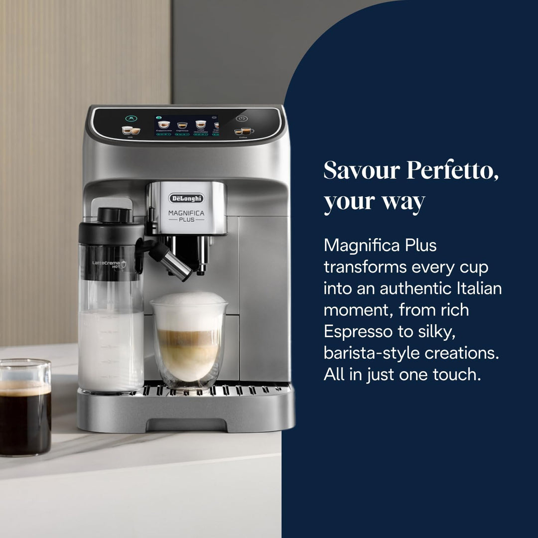 De'Longhi ECAM322.70.SB Magnifica Plus Automatic Coffee Machine with LatteCrema Hot, Bean to Cup Espresso Machine with 18 One-Touch Recipes, Full-Touch Control Panel, 1450W, Silver/Black