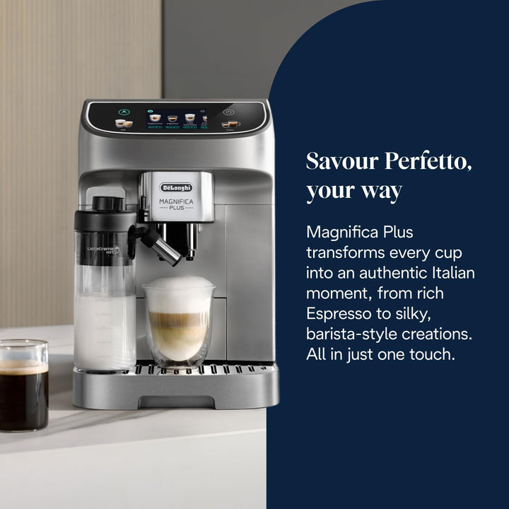 De'Longhi ECAM322.70.SB Magnifica Plus Automatic Coffee Machine with LatteCrema Hot, Bean to Cup Espresso Machine with 18 One-Touch Recipes, Full-Touch Control Panel, 1450W, Silver/Black